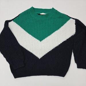 Cloth by NBD Colorblock V Neck Chunky Knit Sweater Women's S/P Green White Black